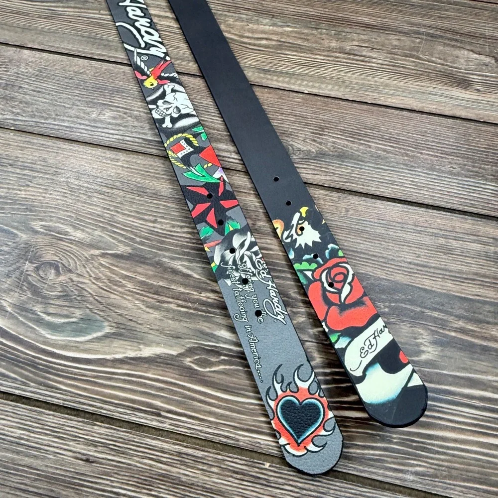 Ed Hardy Mens Size 40 Reversible Belt Grey Black Tattoo Graphic BX95409EHQB New